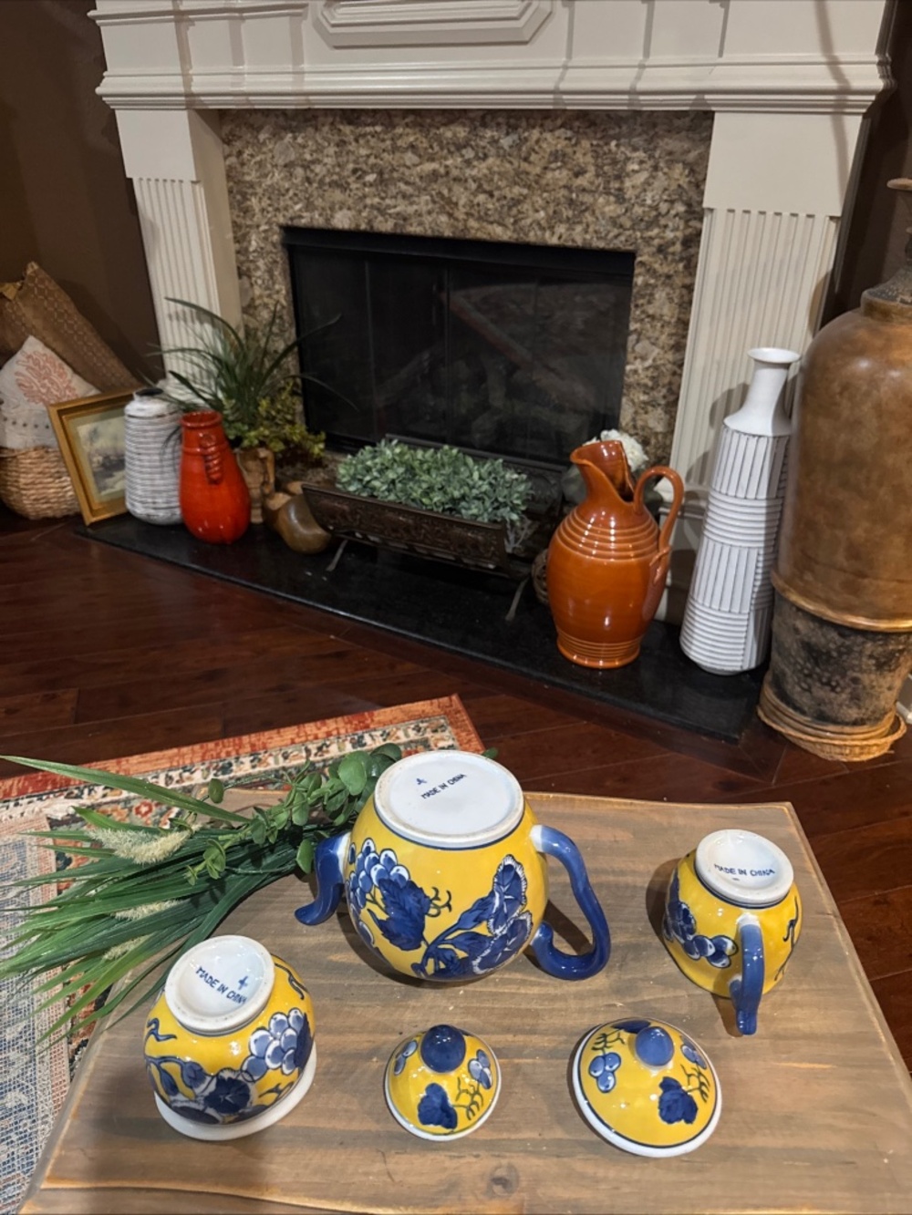 3 Piece Yellow, Blue & White Ceramic Teapot Set